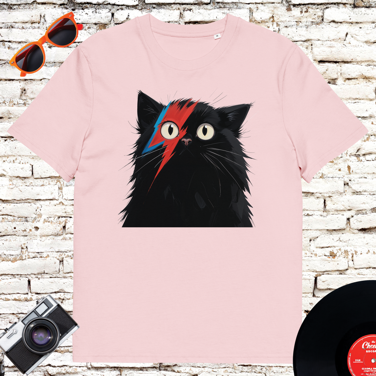 Ziggy Stardust black cat graphic T-shirt in Cotton Pink