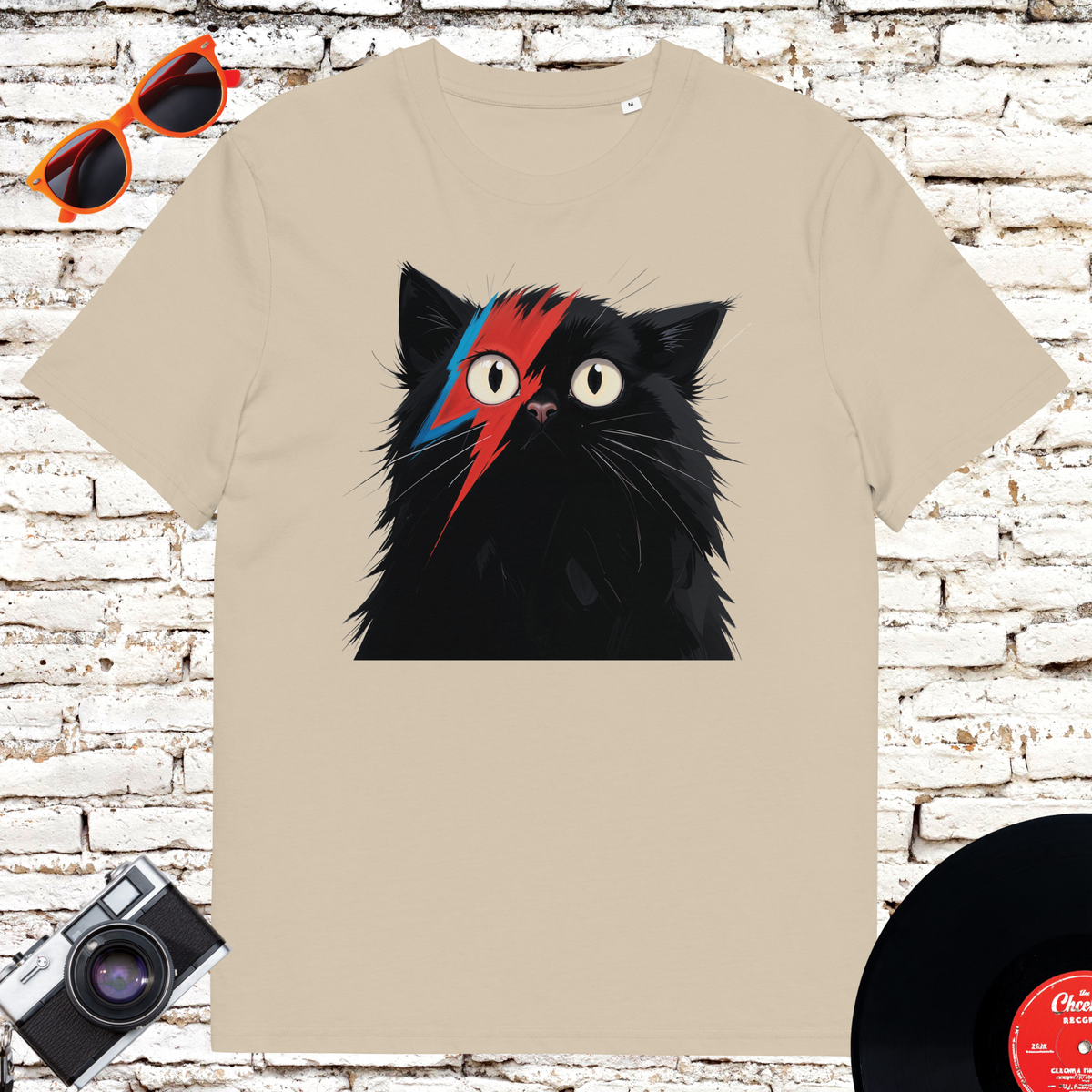David Bowie Ziggy Stardust cat T-shirt in Desert Dust organic cotton
