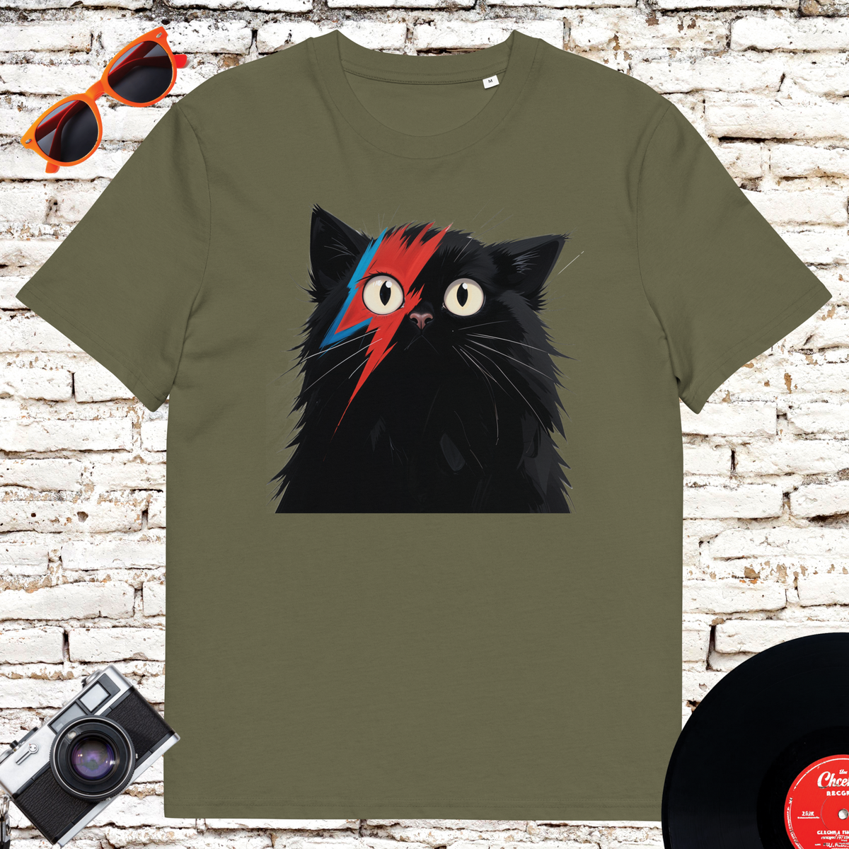 David Bowie black cat organic cotton graphic T-shirt in Khaki